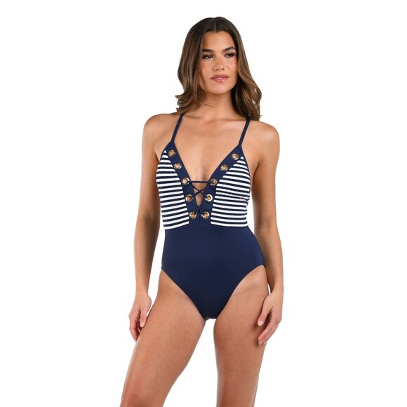 La Blanca Other - 🆕LA BLANCA Sail Plunge Lace Up One Piece Swimsuit Navy Blue White 10